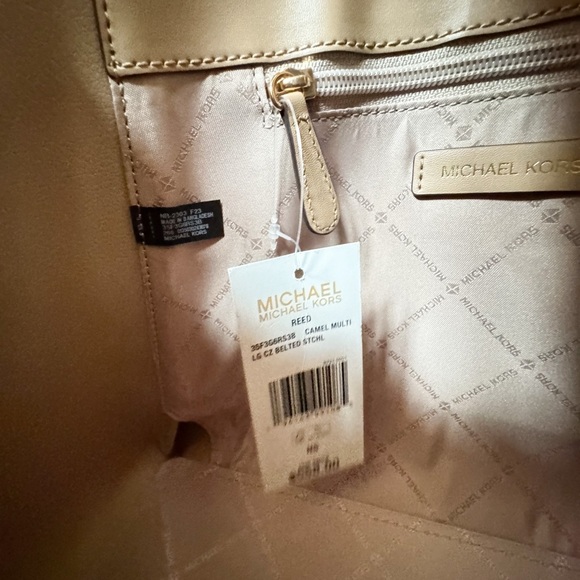 Michael Kors Reed Large Belted Satchel Shoulder Crossbody Bag MK Camel Multi - Picture 13 of 15